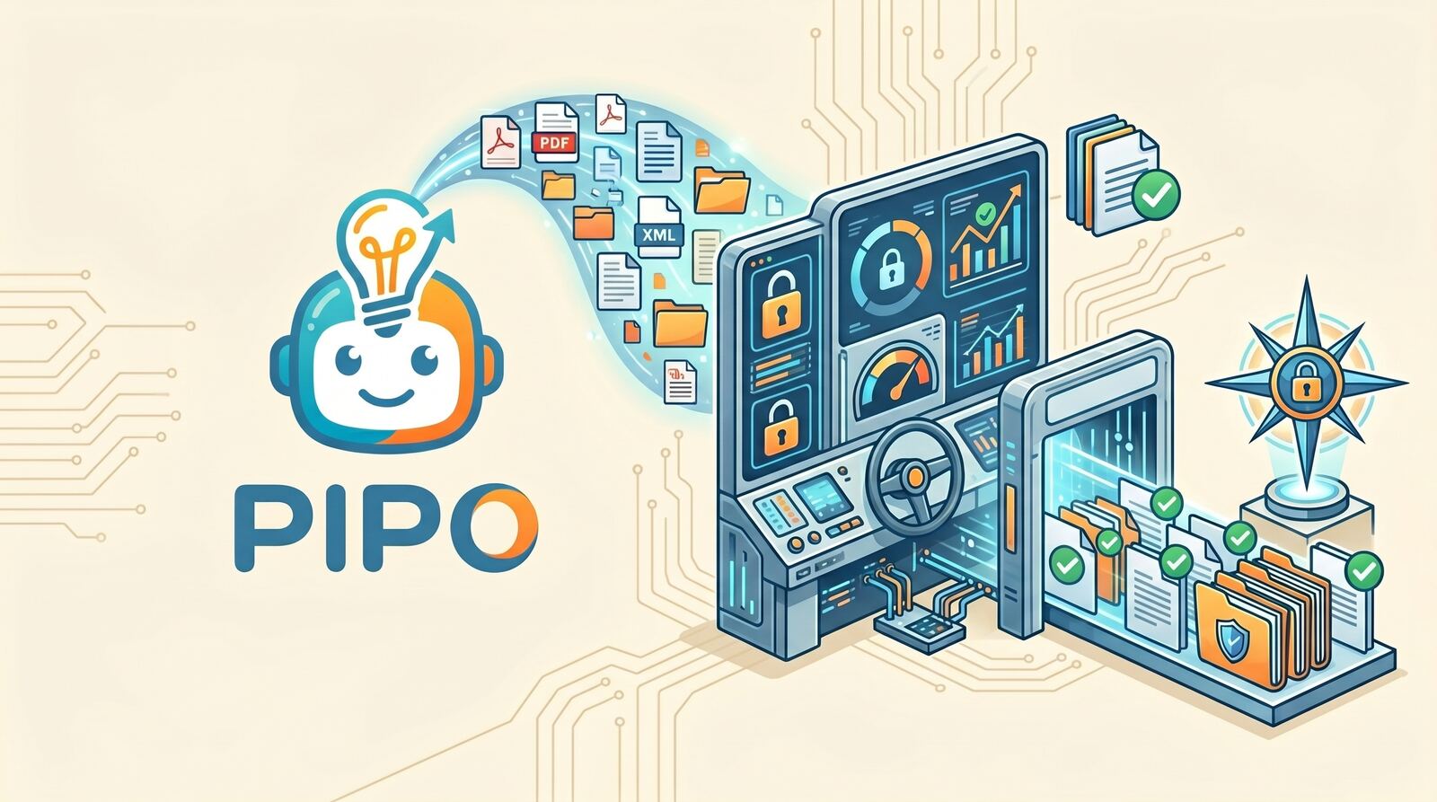Panel de control ilustrado con métricas, seguridad y verificación de documentos